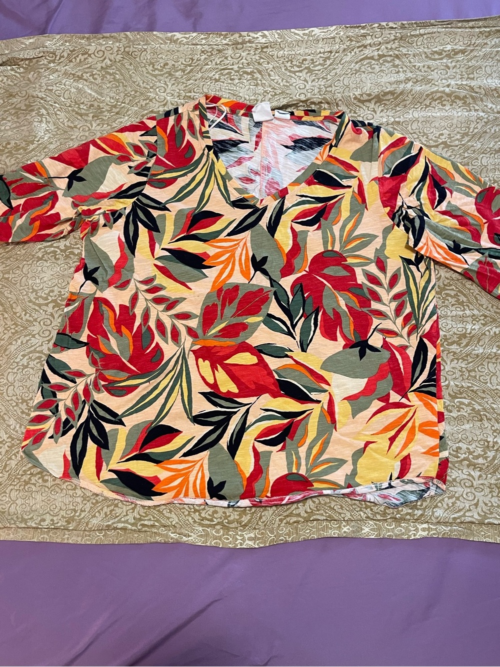 C&C California V-Neck Tropical Leaf Print Tunic - Red Multi